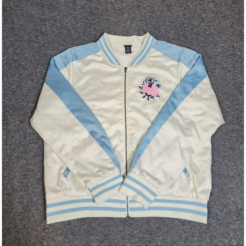 Disney Cinderella Embroidered Satin Bomber Jacket XL Pastel Blue Quilted